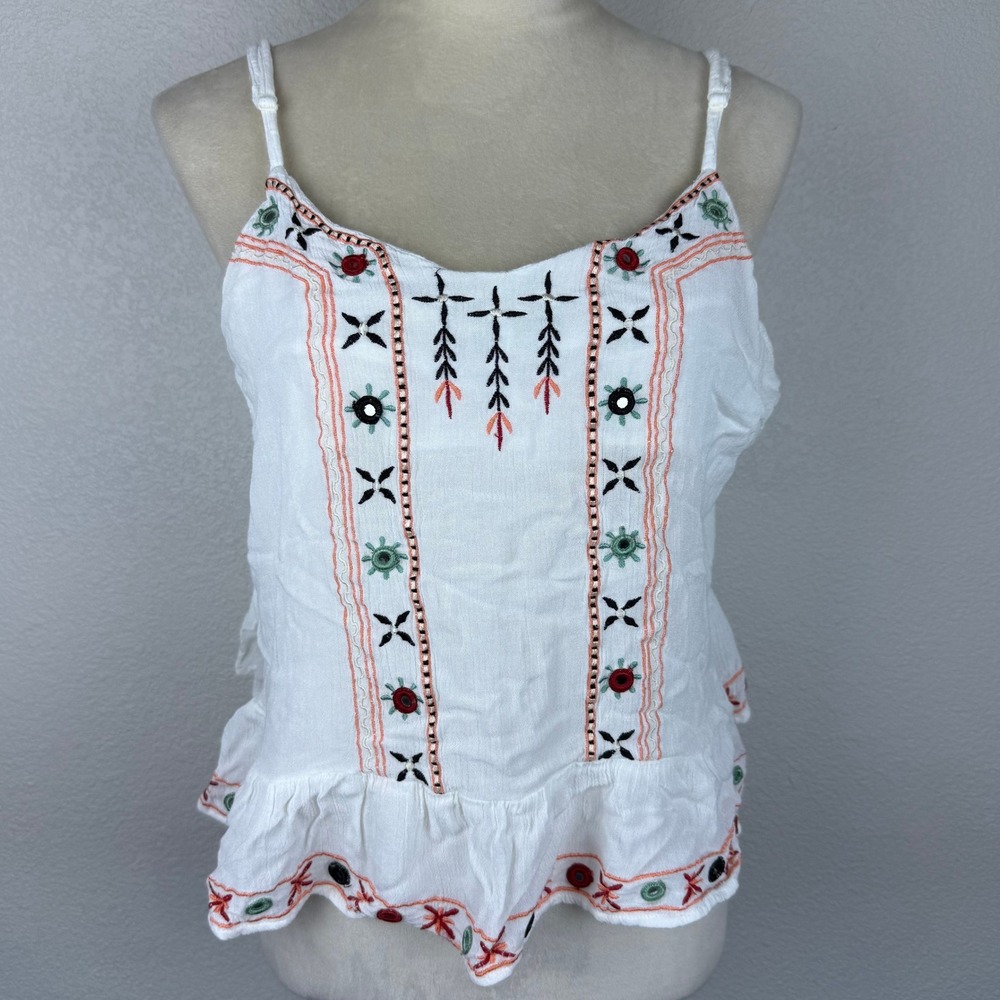 En Creme White Embroidered Mirrored Ruffle Hem Cami Tank Top Women's Boho‎